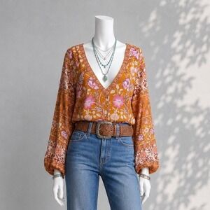 Jen's Pirate Booty Baroque Azo Bodysuit S Orange Floral Boho Festival Top